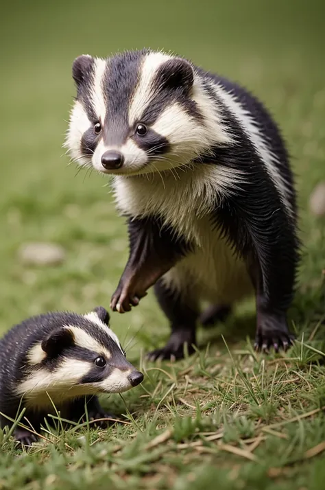 zhibi, chibi, badger, small badger, chibi badger, cute, looking at viewer, blurry, no humans, depth of field, blurry background, animal, grass, plant, realistic, animal focus 