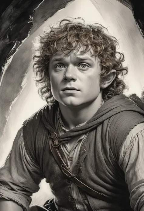 stunning black and white graphite sketch of Samwise Gamgee, up close shot, from The Lord Of The Rings trilogy, in dynamic pose, by Anna Razumovskay, (by Alyssa Monks:1.1), by Joseph Lorusso, by Lilia Alvarado, beautiful lighting, sharp focus, 8k, high res,...