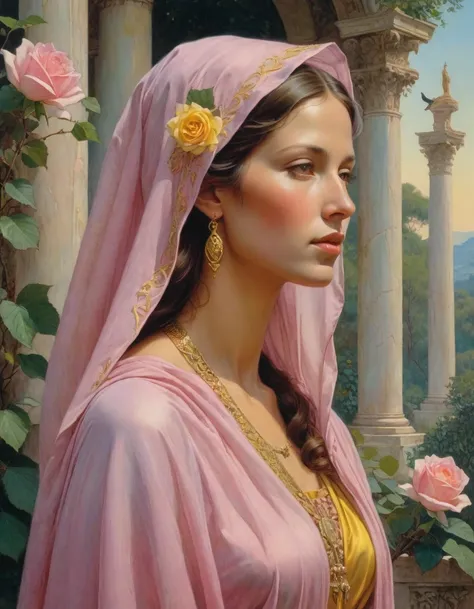 Masterpiece, ((realistic)), (propaganda poster), (((Moebius Jean Giraud))), ((((profile portrait of a veiled roman woman, young, priestess, dignified, wearing pink and yellow robes, detailed moth, rose elements, muted colors)))), (((corinthian columns with...