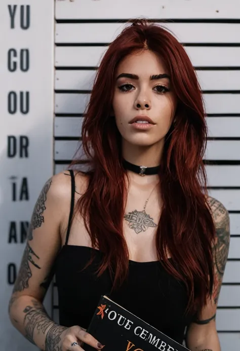 Arafa woman with red hair and tattoos holding a book, madison beer like leeloo, charli bowater, mia khalifa, serious and bold expression, with tattoos, inspired by Izzy Medrano, Foto de uma mulher, inspired by Elsa Bleda, inspired by Glória Muñoz, she is w...