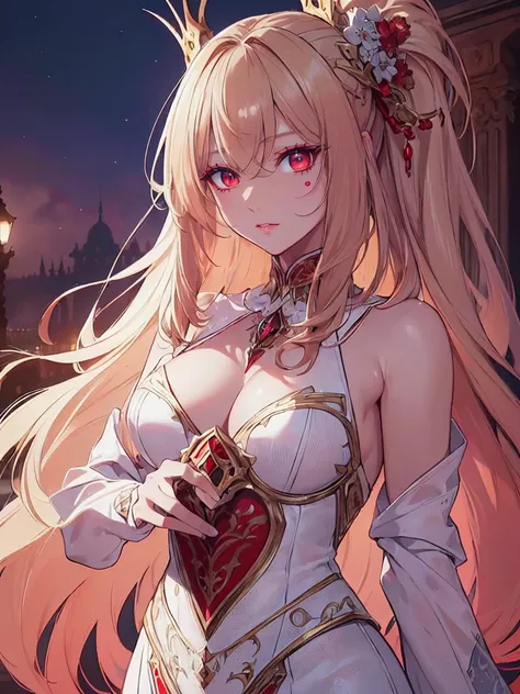 (Uhd, Masterpiece, Textured Skin, Super Detail, High Details, High Quality, Best Quality), ((long, lush hair)), ((elegant outfit)), impressive pose, ((red eyes)), ((detailed red eyes)), ((The background is in front of a royal palace)), ((light blonde hair,...