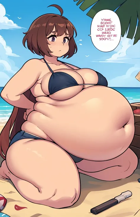 Lucy,beachfront,alone girl,bikini,fully body,overwhelmingly large belly,bloated belly,belly bloated,round belly,massive belly,bloated belly,incredibly small breasts,small breasts,six little,overwhelmingly large thighs,thick-thighs,