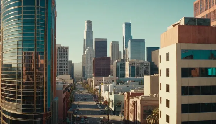 The cinematic traversal camera captures a view of Los Angeles, California in 3060 morning time.The camera is travelling through above the streets of a dysoptian city, in the futuristic megacity there are a couple of stores and street vendors, different sty...