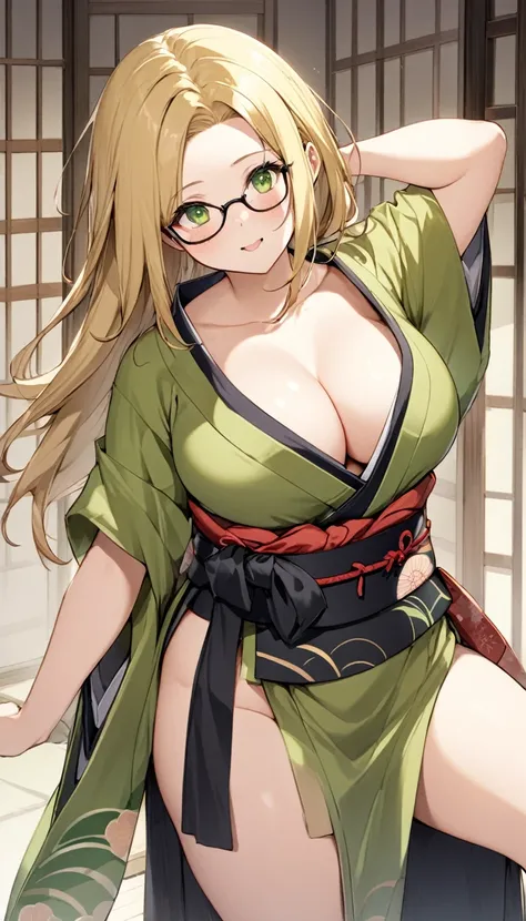 chubby girl, blonde, green eyes, medium length hair, open forehead, glasses with black square frames Japanese clothing style, ancient japan, bare chest, bare thighs