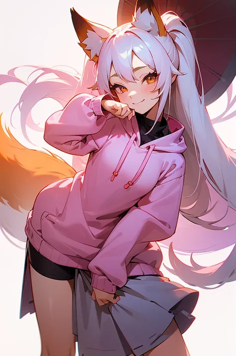 1girl,   body, small breast, fox girl, fox ears, kitsune, kitsune tails, white hair long, hair, flowy hair, prtty girl, pink nit sweater, hoodie, cute pose, kawaii, cute pose, winking, bending over, big smile, plain background, white background, half body ...