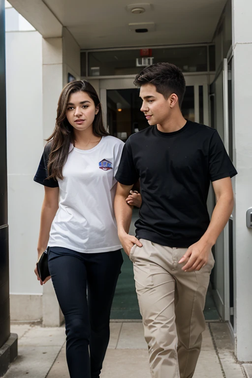 couple of uniformed teenage male and female students entering a hotel