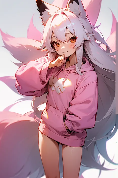 1girl,   body, small breast, fox girl, fox ears, kitsune, kitsune tails, white hair long, hair, flowy hair, prtty girl, pink nit sweater, hoodie, cute pose, kawaii, cute pose, winking, bending over, big smile, plain background, white background, half body ...