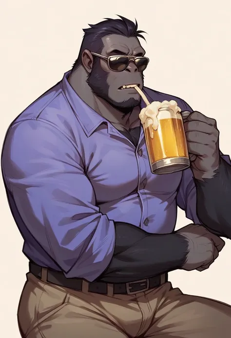 A gorilla with sunglasses and a purple jumpsuit, Drinking beer 