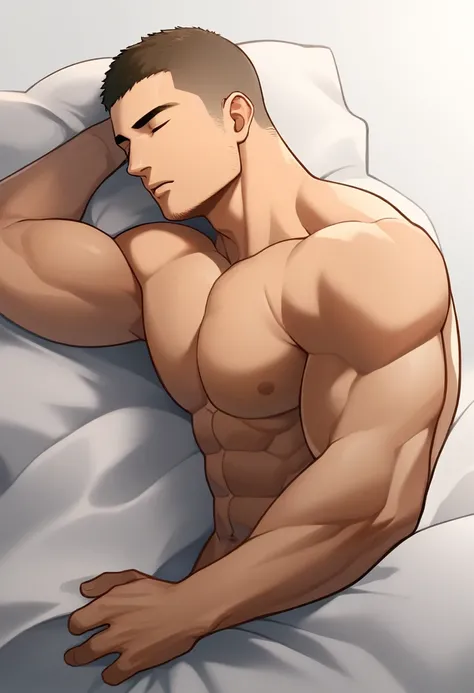 1boy, male focus, naked, sidepec, muscular male, muscular, bara, defined abs, upper body, solo, sleeping in bed, head on the pillow, annoyed, very short hair, buzzcut, stubble, light brown hair, slepping, parted lips, big penis, white background, simple ba...