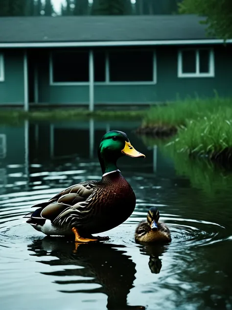 climactic Duck confrontation cinematic still frame from a cascadian horror film by denis villeneuve