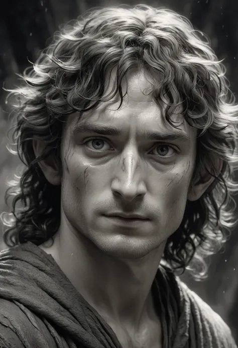 stunning black and white graphite sketch of Peregrin Took, up close shot, from The Lord Of The Rings trilogy, in dynamic pose, by Anna Razumovskay, (by Alyssa Monks:1.1), by Joseph Lorusso, by Lilia Alvarado, beautiful lighting, sharp focus, 8k, high res, ...