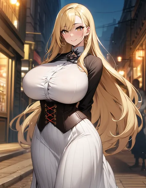 blonde hair color,long hair,light brown eyes,corset, long skirt,earrings,huge breasts,Whipped thighs,slender,near,street background,SFW,perfect,high quality,faultless,smile