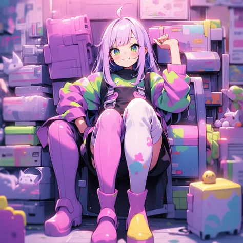 Neko girl with lavender dungarees, long lavender hair, a playful colorful sweater, and colorful rubber boots 