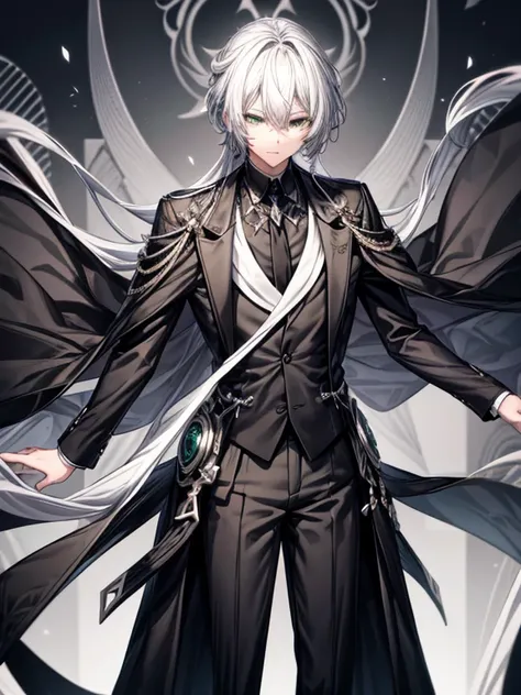 tall male with black and white hair, standing in black/white fantasy suit, semi realism, green eyes