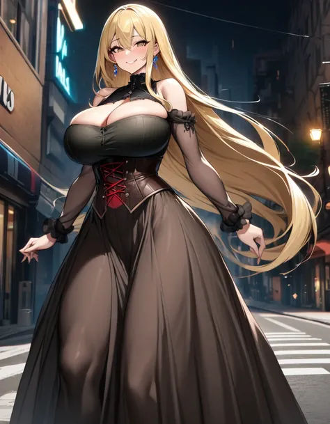 blonde hair color,long hair,light brown eyes,corset, long skirt,earrings,huge breasts,Whipped thighs,slender,near,street background,SFW,perfect,high quality,faultless,smile