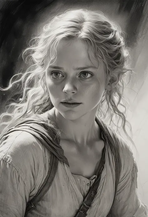 stunning black and white graphite sketch of Mariadoc Brandybuck, up close shot, from The Lord Of The Rings trilogy, in dynamic pose, by Anna Razumovskay, (by Alyssa Monks:1.1), by Joseph Lorusso, by Lilia Alvarado, beautiful lighting, sharp focus, 8k, high...