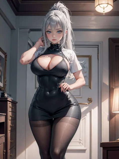 1 piece of giant！Ray tracing，best shade，A high resolution（dim and dim lights）detailed back ground（livingroom）Fluffy silver hair，fat and slender girl，With high ponytail, Evite olhos dourados na sinistra livingroom（She wears a white shirt，wrinkled black skir...