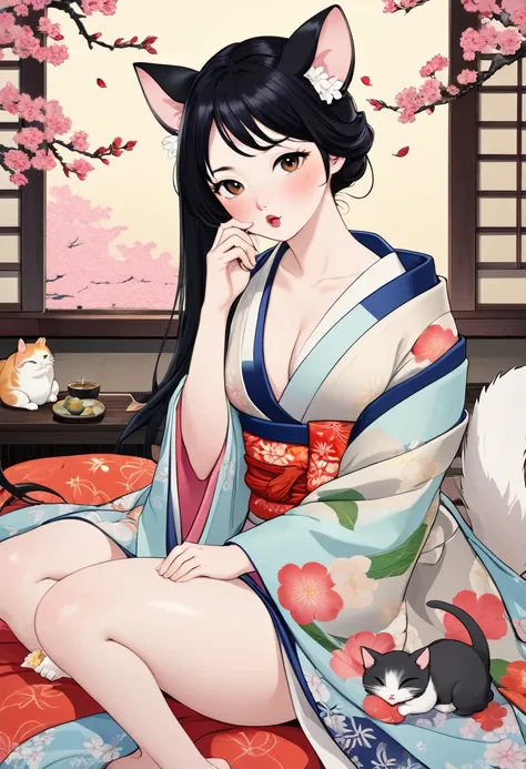 (utamaro style:1.2) , Hallucination, daydream , nightmare , Insane Dream , bokeh , erotica , romance , realistic mouse nymph and realistic cat , kimono , futon , Petals fluttering down , Single eyelids, round nose, swollen cheeks , Mount Fuji, Hawk, lickin...