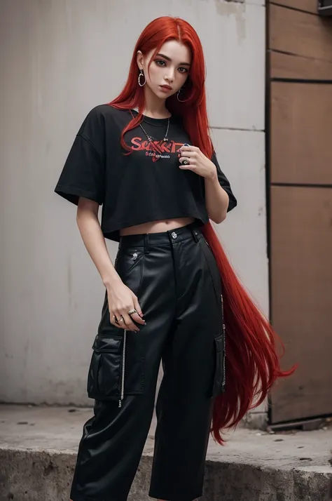 one with red hair, smoking a cigarette, com cropped preto, wide cargo pants, e piercing no septo