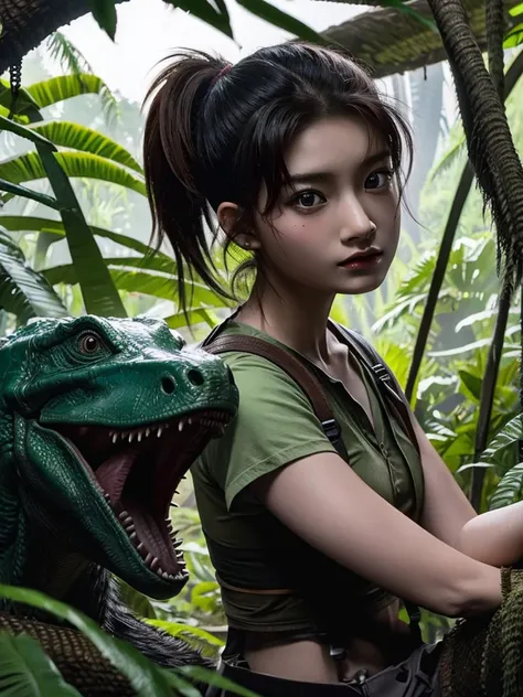 chica linda como wang yiren, in jurassic park jurassic park with a little dinosaur.