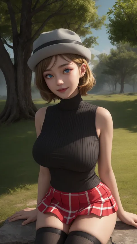 Nsfw, pkmnserena, 1girl, full body, solo, mature girl, blue eyes, blonde hair, short hair, bangs, hat, grey headwear,
black shirt, turtleneck, sleeveless, big breast, visible nipples, burst, thick thigh, red skirt, pleated skirt, black thighhighs,
smile,cl...