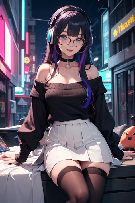 ((best quality)), ((masterpiece)), ((detailed eyes)), perfect face, female, gamer girl, aqua eyes, cherry-red lips, light smile, long black hair, purple streaks, wearing headphones, bangs, ribbon, choker, bracelet, nerdy glasses, sleeves past fingers, whit...