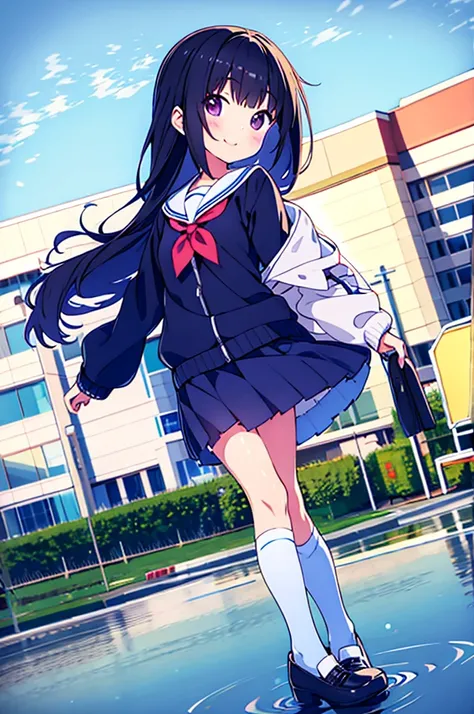 Park after rain　large puddles　elementary school girl　8-year-old　flat chest　black hair　long hair　eyes are purple　smile　（（1 person））　Cardigan on top of white long-sleeved sailor uniform　Lower body navy blue miniskirt　white panties　white socks　sports boots　st...