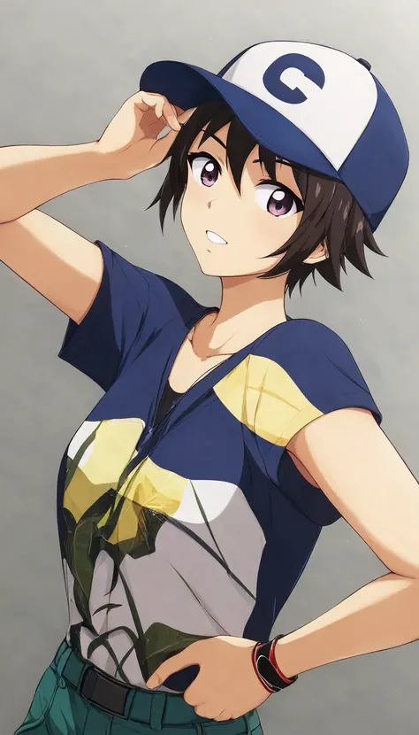 A girl with short hair wearing a baseball cap backwards、boyish、Spiky Hair、Fluttering Hair、fine、bright、stylish、Casual clothing、Casual Background、Cool angle、
