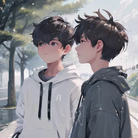 Create the image of two friends ( boys ) standing looking at each other from a distance, white sky, white floor, neblina no ar, make their faces and clothes very detailed, serene looks