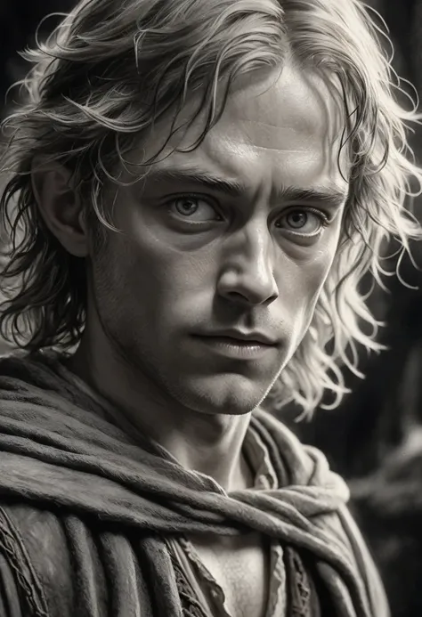 stunning black and white graphite sketch of Meriadoc Brandybuck, up close shot, from The Lord Of The Rings trilogy, in dynamic pose, by Anna Razumovskay, (by Alyssa Monks:1.1), by Joseph Lorusso, by Lilia Alvarado, beautiful lighting, sharp focus, 8k, high...