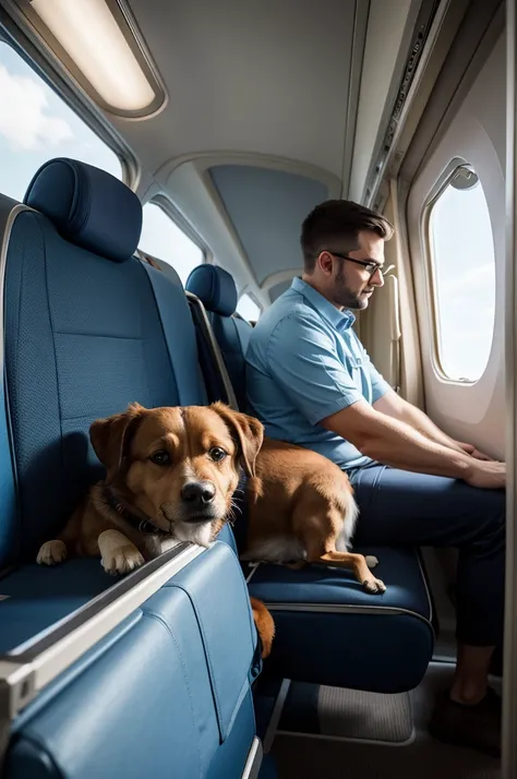 adult man with his dog inside the plane in a wide shot, sitting comfortably, going on a trip looking out the plane window, high resolution, ultra detaild