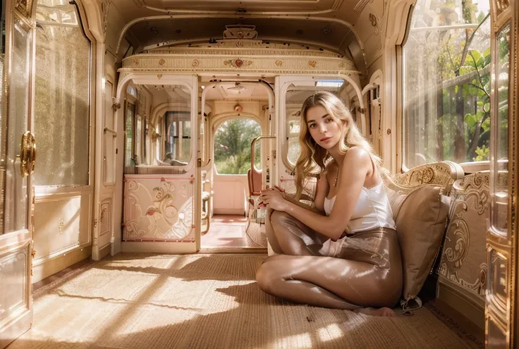 a beautiful elegant woman in her 50s, blonde hair, sexy fairy, interior of a pink tram, ornate detailed interior, warm lighting, sunlight streaming through windows, soft colors, dream-like atmosphere, intricate patterns, high quality, photorealistic, 8k, e...