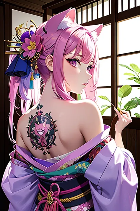 (masterpiece, Highest quality, Highest quality, Official Art, beautifully、aesthetic:1.2),One girl, tattoo, alone, kimono,  hair ornaments, unsheathing, Pink Hair, sheath, back tattoo, Violet Eyes,  Off the shoulder, Bare shoulders, Recall, From behind, flo...