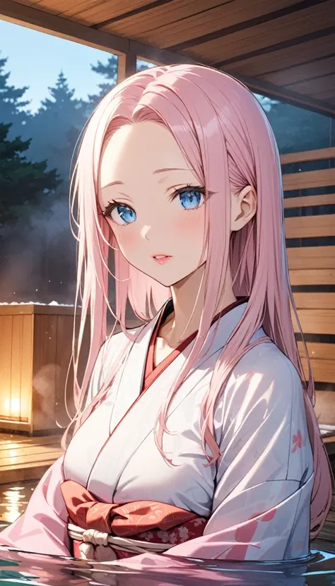 young woman, light pink long hair without bangs, open forehead, thin pink lips, bright blue eyes, breast size three Japanese kimono, japanese clothing style
water, sauna 