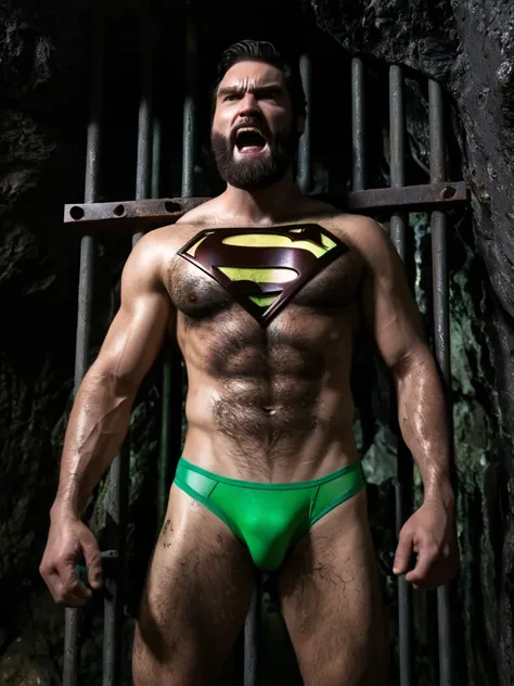 Distant view: A prison in a cave filled with glowing green ore. Superman has been imprisoned for a long time and is dirty and frail from starvation, with his ribs visible. His dirty and bulging white briefs, his thin and emaciated limbs, his dirty naked bo...