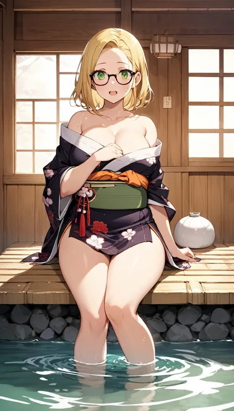 chubby girl, blonde, green eyes, medium length hair, open forehead, without bangs, glasses with black square frames Japanese clothing style, ancient japan, bare chest, bare thighs,
water, sauna 