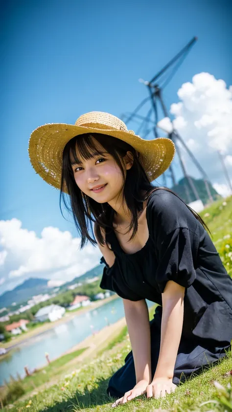 (highest quality,masterpiece:1.3,ultra high resolution),(Super detailed,caustics,8k),(photorealistic:1.4,RAW shooting),18-year-old,cute,Japanese,straw hat,Black Hair Middle Hair,(strong wind:1.1),(hair blowing in the wind:1.1),(one piece),(smile),looking a...