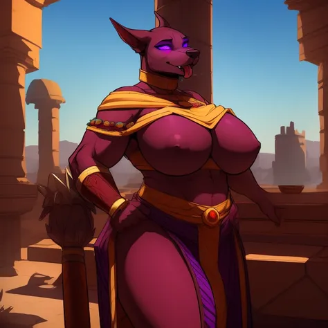 Very_muscular_mature_doberman female dark_brown_two-tone_furry_body, hypnotized with glowing purple eyes, tongue out, tribal clothes, yellow_tabard, mace misty_breath solo Masterpiece best_quality absurdres highly_detailed cleanly_drawn_eyes anthro_only la...