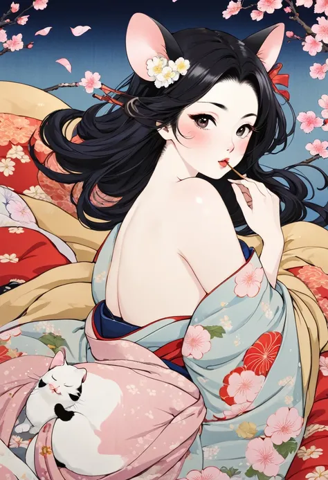 (utamaro style:1.2) , Hallucination, daydream , nightmare , Insane Dream , bokeh , erotica , romance , realistic mouse nymph and realistic cat , kimono , futon , Petals fluttering down , Single eyelids, round nose, swollen cheeks , Mount Fuji, Hawk, lickin...