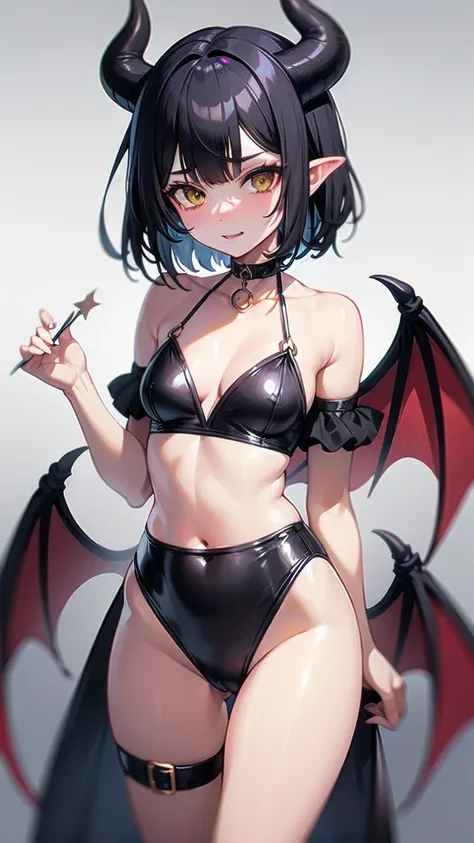 Devil Girl, Black Hair, Pointed Ears, Yellow Eyes, short hair, choker, , Devil horns, Devil&#39;s Tail, Red Corner, break (Sticking out tongue:1.2, Black mini skirt:1.2, Gold Bikini:1.5, Gold Micro Bikini, shirt:1.2), (Red skin:1.8), Shiny skin, On the bed...