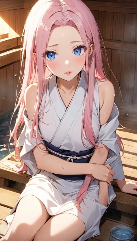 young woman, light pink long hair without bangs, open forehead, thin pink lips, bright blue eyes, большая грудь, japanese clothing style, Ancient Japan, almost without clothes
water, sauna 