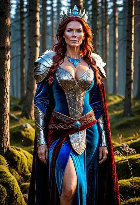 Full body Portrait of the Great Nordic Queen, a very gorgeous woman, 50 years old, thick healthy body, erotic warrior costumes, dark red styled fluffy hair, natural Blue eyes, a nose with a bump, an elongated chin, dressed in ancient national,
8k resolutio...