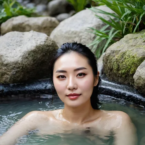 young woman, 27 years old,.She lies in a warm hot spring.. it&#39;s raining. She is standing in waist-deep water.. She smiles with pleasure, savoring the warm water running down its lengths, wet, rubio, braided hair, his clothes and his body. beautiful, su...