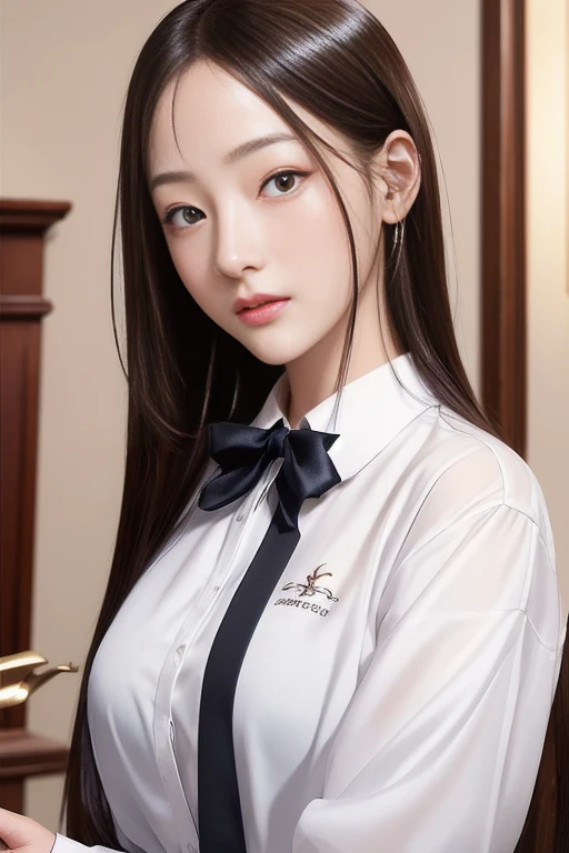 超A high resolution、​masterpiece、top-quality、
extra detailed face、A detailed eye、Very complex and、perfect glossy shiny skins、Perfect litthing、Detailed Lighting、Dramatic shadows、Ray Tracing、
1 girl in、The upper part of the body、Counter Staff Uniforms、looking...