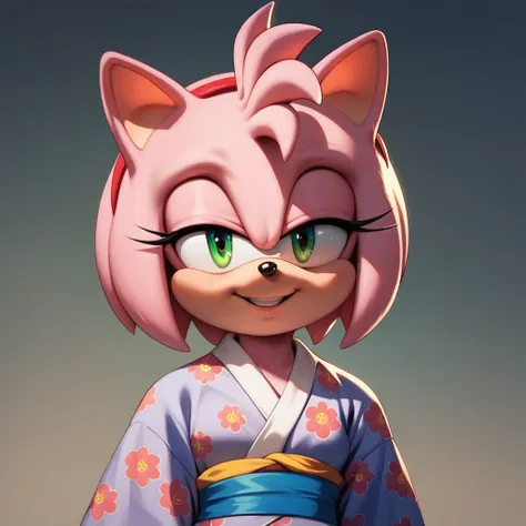 score_9, score_8_up, score_7_up, score_6_up, 1girl, solo, amy rose, Rags, pajama, robes, kimono, sash, animal nose, hedgehog nose, hedgehog ears, pink fur