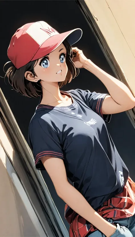 a girl with short hair wearing a baseball cap backwards、boyish、spiky hair、fluttering hair、fine、bright、stylish、casual clothing、ca...