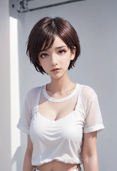 1girl, breasts, blush, short hair, shirt, 1boy, white background, shorts, solo focus, dark skin, holding hands, flying sweatdrops, spiked hair, genderswap, clothes writing, genderswap (mtf),red lips