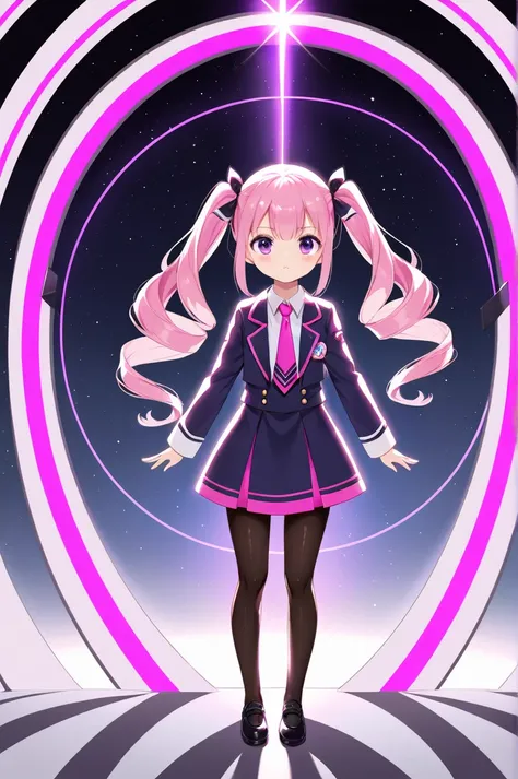 One girl, alone, Little, Drill Hair, Long Hair, tie, pantyhose, Pink Hair, Purple eyes, , Shine, Twin Drill, Twin tails