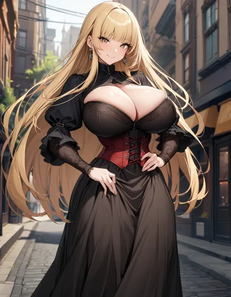 blonde hair color,long hair,hime cut,bangs without,The roots of the hair on both sides are raised,light brown eyes,corset, long skirt,earrings,huge breasts,Whipped thighs,slender,near,street background,SFW,perfect,high quality,faultless,smile