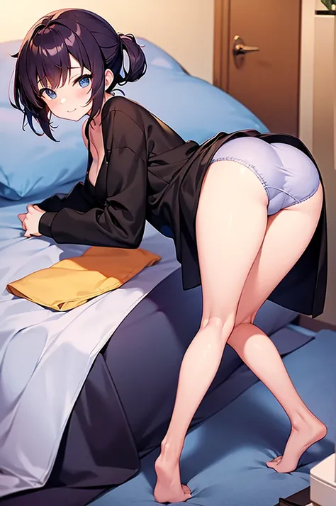 adorable anime lady in panties and a baggy shirt on a bed, downward dog yoga pose towards the camera